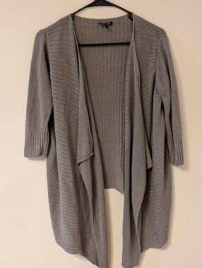 Eileen Fisher Grey Linen Silk Draped Open Knit Waterfall Cardigan Quiet Luxury S
